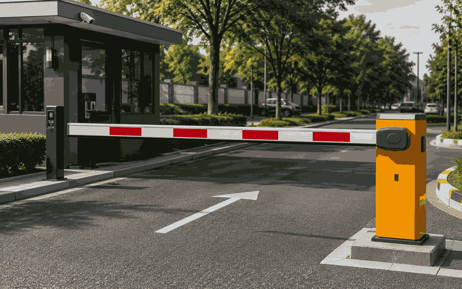 Automatic boom barrier gate at a car park entrance in Oman