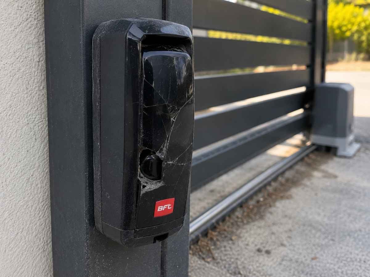 Cracked BFT safety photocell on a sliding gate pillar, replaced during a gate repair in Oman