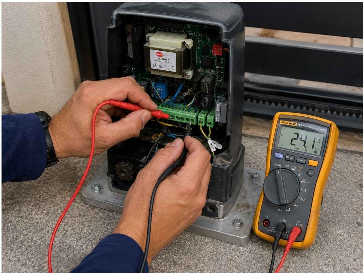 Technician testing a BFT gate motor control board with a multimeter during a repair in Oman