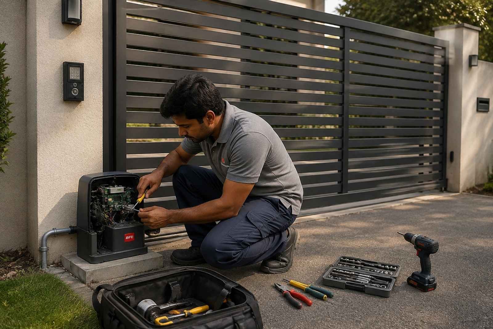 Technician servicing an open BFT sliding gate operator at a villa gate in Oman