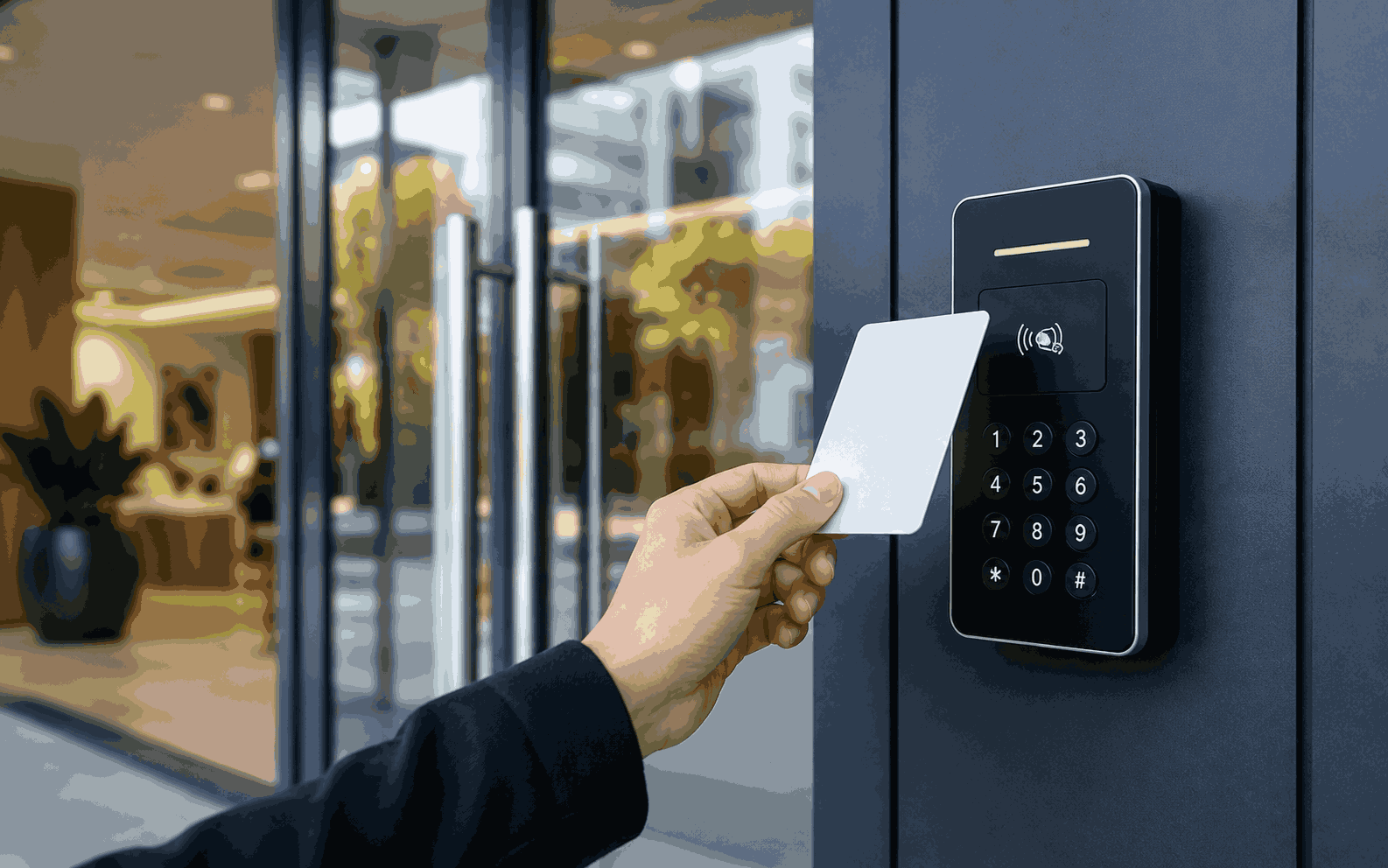 RFID access control keypad mounted at a gate entrance in Oman