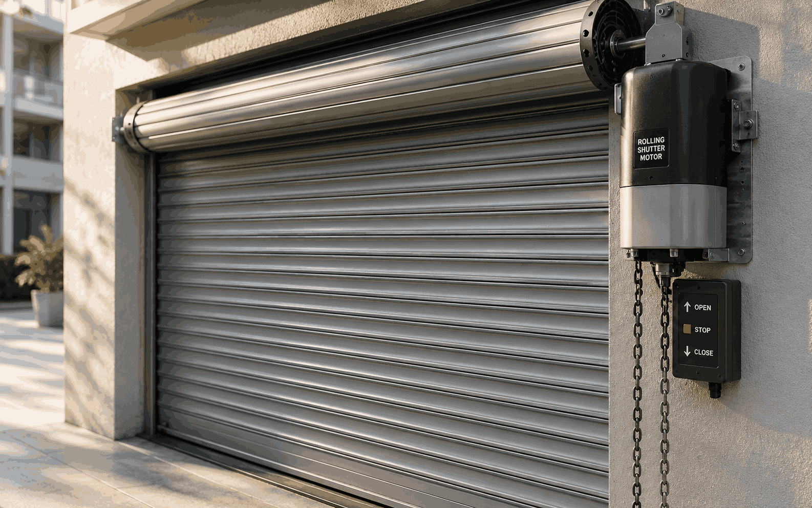 Side mounted rolling shutter motor on a shop shutter in Oman
