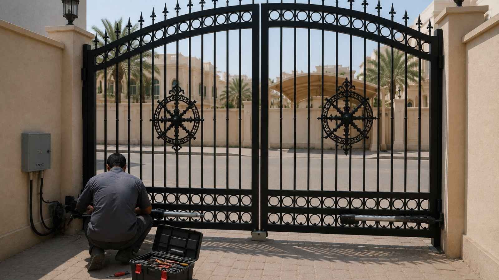 CAME boom barrier with a green LED status band at an industrial entrance in Oman