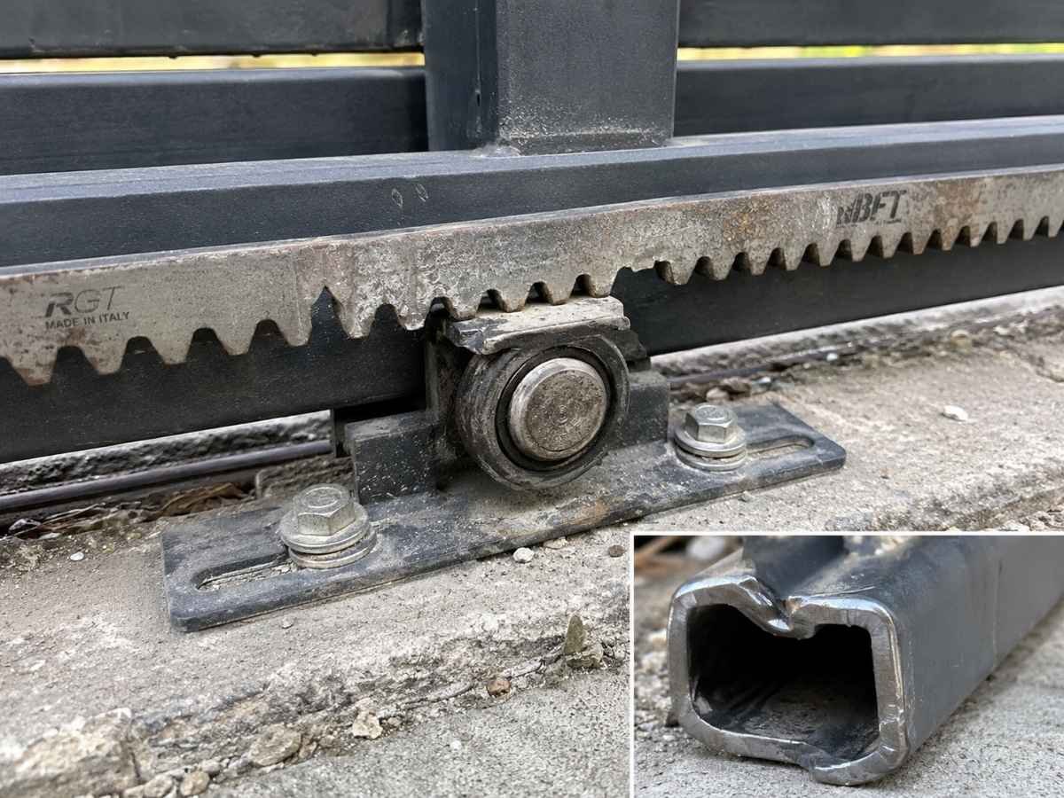 Worn sliding gate rack and roller, with a crushed guide rail shown inset, on a gate repair in Oman
